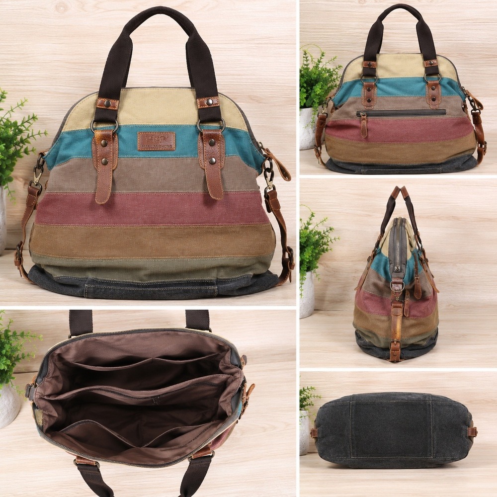 Manjianghong Canvas Leather Satchel Tote Bag Striped Boho Laptop Travel Purse